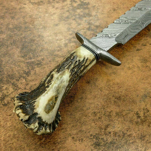 CUSTOM DAMASCUS BOWIE HUNTING KNIFE - DAMASCUS GUARD - STAG CROWN ANTLER HANDLE - SUSA KNIVES