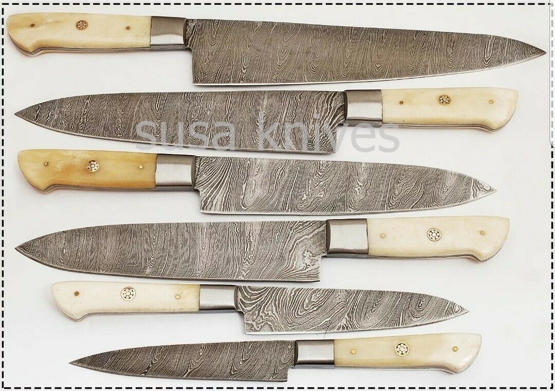 Custom Handmade Damascus Steel Beautiful 6 Pcs. Kitchen Knives Set-Bone - SUSA KNIVES