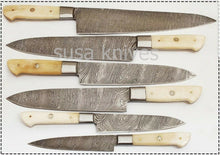 Load image into Gallery viewer, Custom Handmade Damascus Steel Beautiful 6 Pcs. Kitchen Knives Set-Bone - SUSA KNIVES
