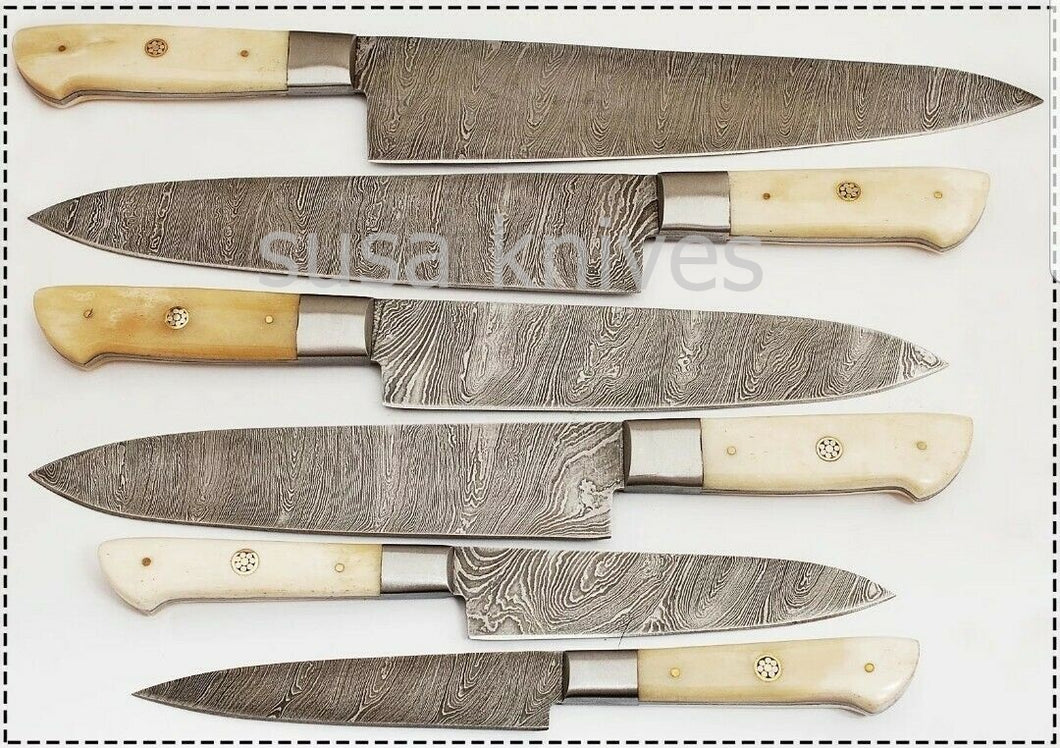 Custom Handmade Damascus Steel Beautiful 6 Pcs. Kitchen Knives Set-Bone - SUSA KNIVES