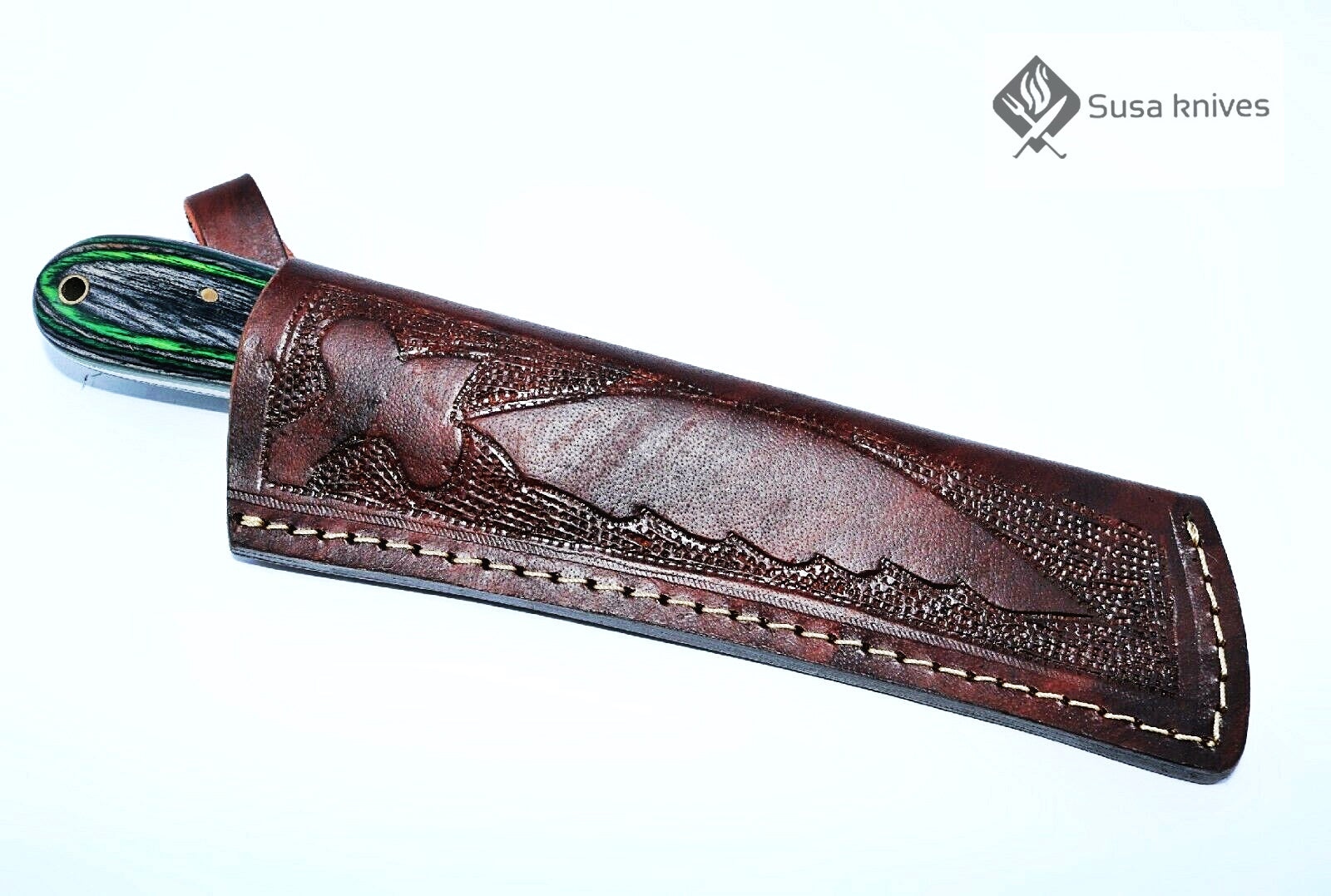 HAND FORGED DAMASCUS STEEL BULL CUTTER/COWBOY KNIFE & PUKKA WOOD HANDLE - SUSA KNIVES