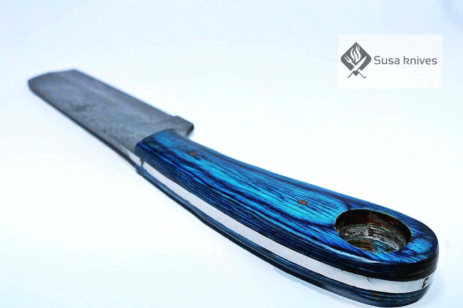 HAND FORGED DAMASCUS STEEL BULL CUTTER/COWBOY KNIFE & PUKKA WOOD HANDLE - SUSA KNIVES
