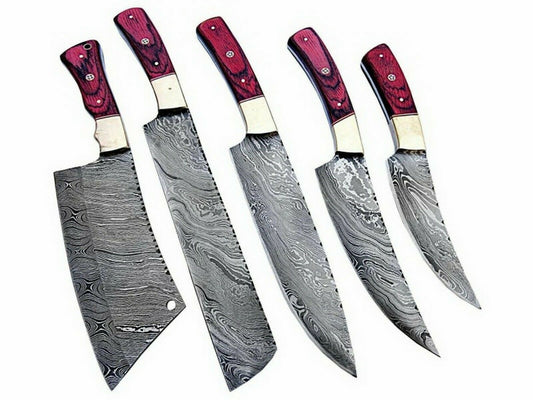 Set Of 5 Beautiful Handmade Damascus Steel Chef Knives With Leather Bag - SUSA KNIVES