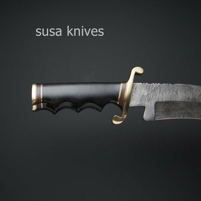 HANDMADE DAMASCUS STEEL BLACK MICARTA WITH LEATHER SHEATH - SUSA KNIVES