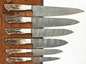 CUSTOM MADE DAMASCUS BLADE 6Pc's. KITCHEN KNIVES SET-Stag Case Roll Bag - SUSA KNIVES
