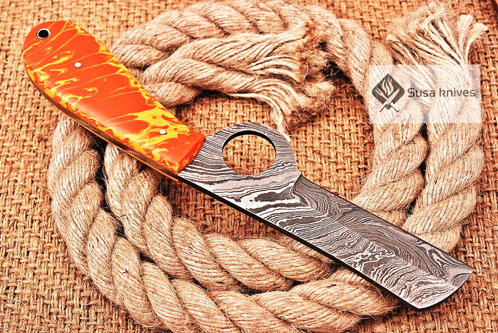 HAND FORGED DAMASCUS STEEL CONSTRATION BULL CUTTER/COWBOY KNIFE & RISEN HANDLE - SUSA KNIVES