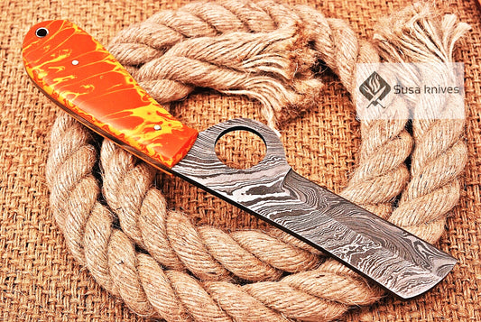 HAND FORGED DAMASCUS STEEL CONSTRATION BULL CUTTER/COWBOY KNIFE & RISEN HANDLE - SUSA KNIVES