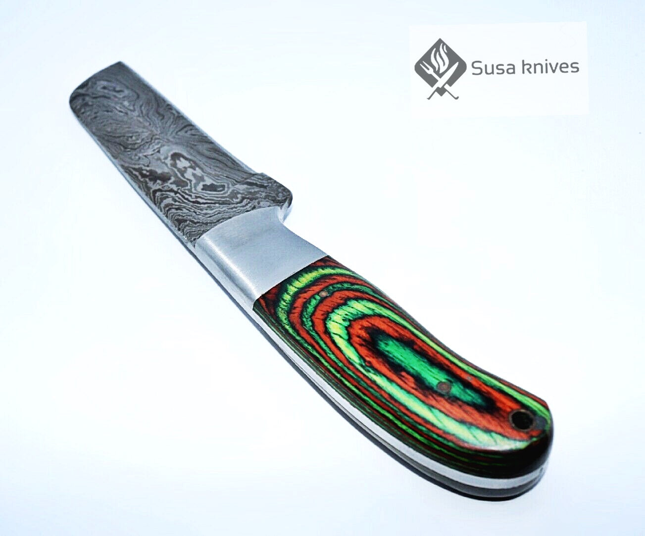 HAND FORGED DAMASCUS STEEL BULL CUTTER/COWBOY KNIFE & PUKKA WOOD HANDLE - SUSA KNIVES