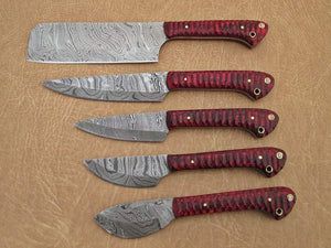 Set Of 5 Beautiful Handmade Damascus Steel Chef Knives With Leather Bag - SUSA KNIVES