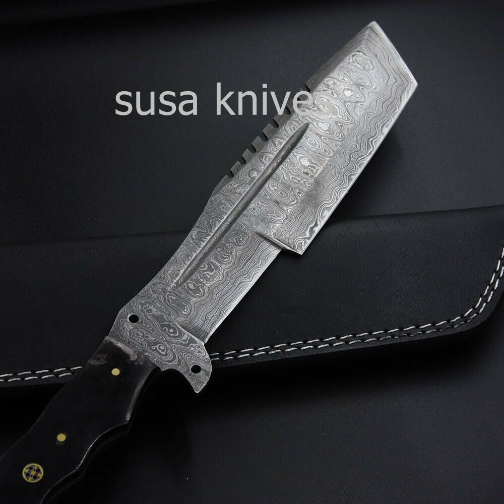CUSTOM HANDMADE DAMASCUS STEEL TRACKER KNIFE WITH LEATHER SHEATH - SUSA KNIVES