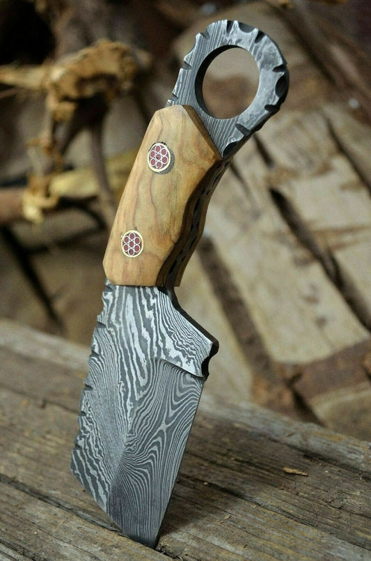 [SUSA KNIVES] CUSTOM HANDMADE DAMASCUS STEEL OLIVE WOOD MINI CLEAVER POCKET KNIFE - SUSA KNIVES