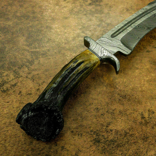 CUSTOM DAMASCUS BOWIE HUNTING KNIFE - STAG CROWN ANTLER - DAMASCUS GUARD - SUSA KNIVES