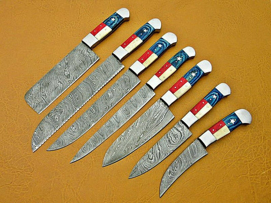 Set Of 7 Beautiful Handmade Damascus Steel Chef Knives With Leather Bag - SUSA KNIVES