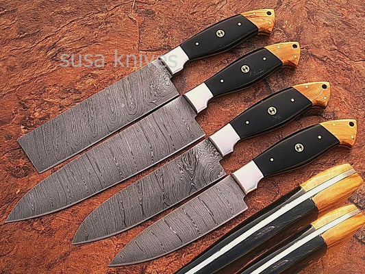 CUSTOM MADE DAMASCUS BLADE 4Pcs. CHEF/KITCHEN KNIVES SET - SUSA KNIVES