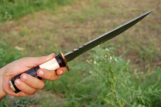 13 Inch”HAND FORGED DAMASCUS STEEL Hunting Bowie Knife w/Wood & Bone Handle - SUSA KNIVES