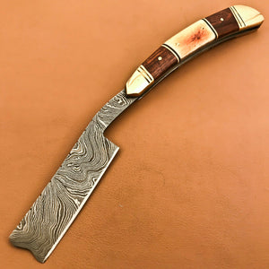 Superb Custom Damascus Steel Folding Handmade Razors Natural Wood & Camel Bone - SUSA KNIVES