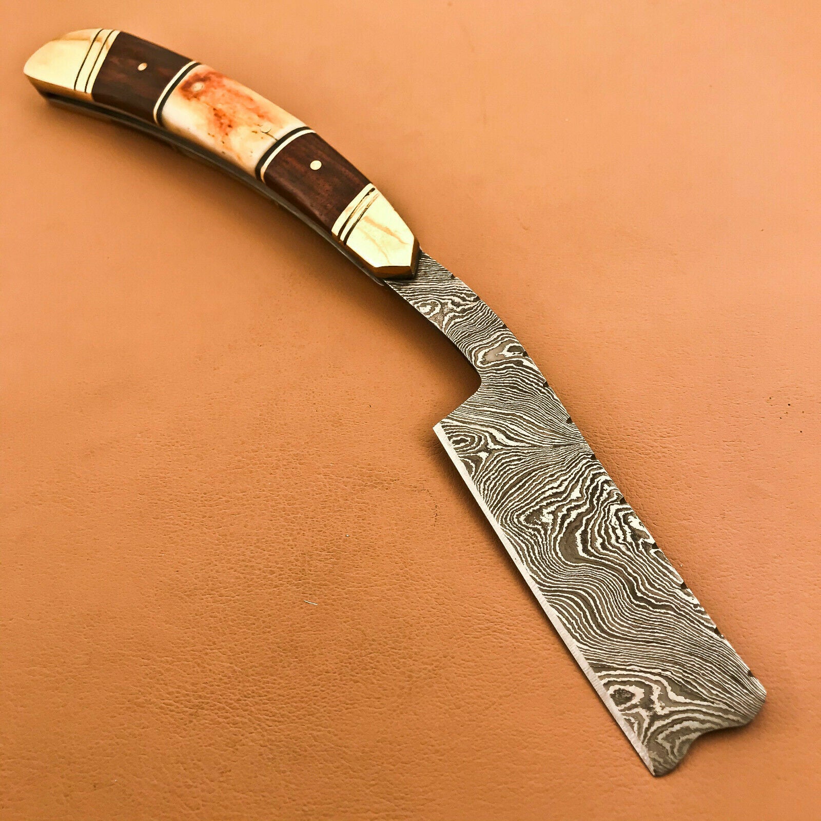Superb Custom Damascus Steel Folding Handmade Razors Natural Wood & Camel Bone - SUSA KNIVES
