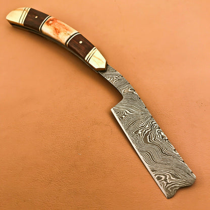 Superb Custom Damascus Steel Folding Handmade Razors Natural Wood & Camel Bone - SUSA KNIVES