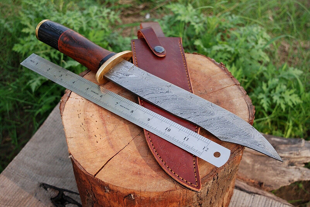 HAND FORGED DAMASCUS STEEL Hunting Bowie Knife w/Bone & Wood Handle - SUSA KNIVES