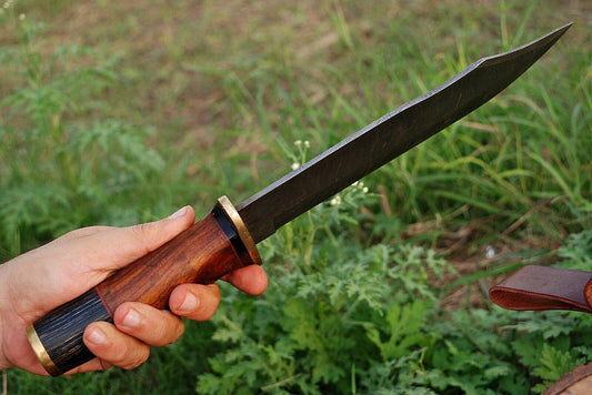 HAND FORGED DAMASCUS STEEL Hunting Bowie Knife w/Bone & Wood Handle - SUSA KNIVES