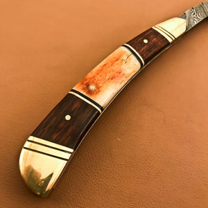 Superb Custom Damascus Steel Folding Handmade Razors Natural Wood & Camel Bone - SUSA KNIVES