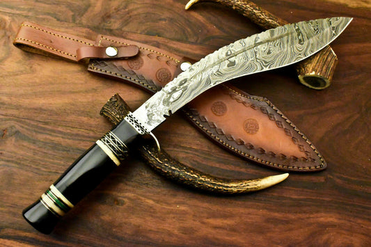 Custom Handmade Damascus Steel Kukri Knife | Sheath | Buffalo Horn Handle. - SUSA KNIVES