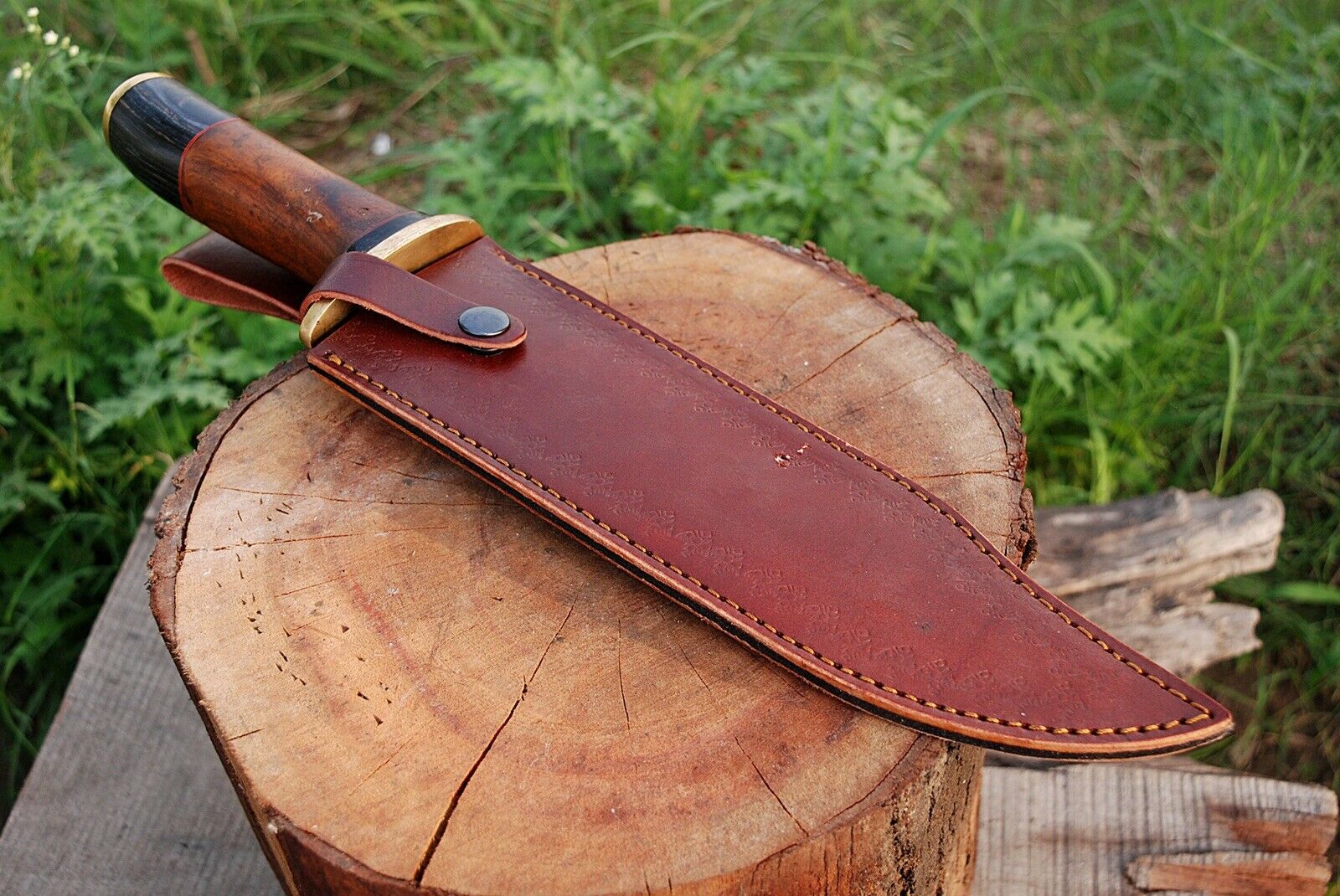 HAND FORGED DAMASCUS STEEL Hunting Bowie Knife w/Bone & Wood Handle - SUSA KNIVES