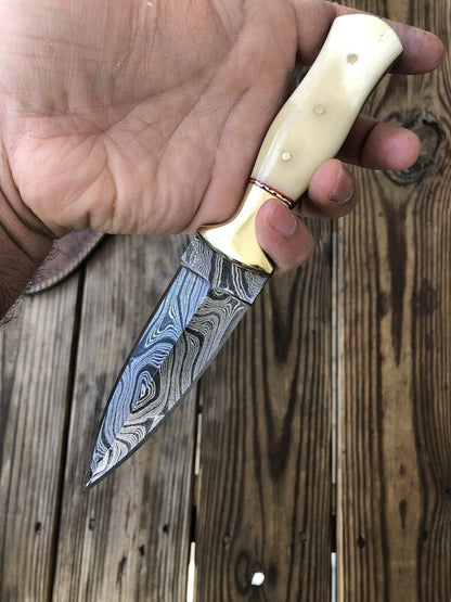 HAND FORGED DAMASCUS STEEL Dagger Boot Knife W/ Camel Bone &Brass Bolster Handle - SUSA KNIVES