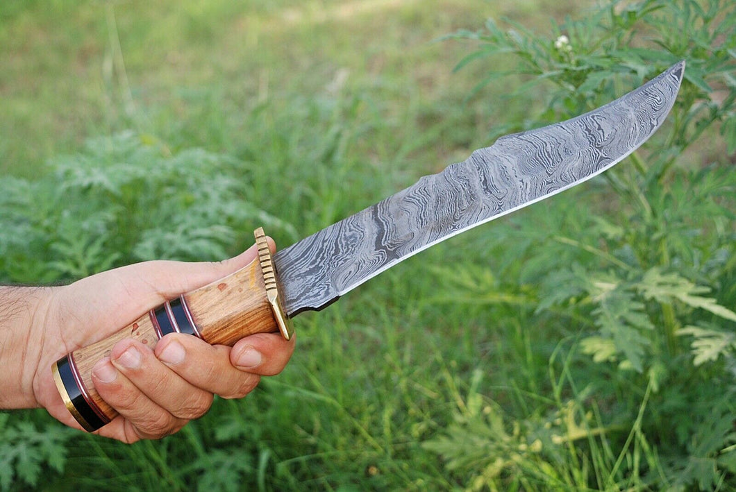 HAND FORGED DAMASCUS STEEL Hunting Bowie KNIFE+ Leather Sheath - SUSA KNIVES