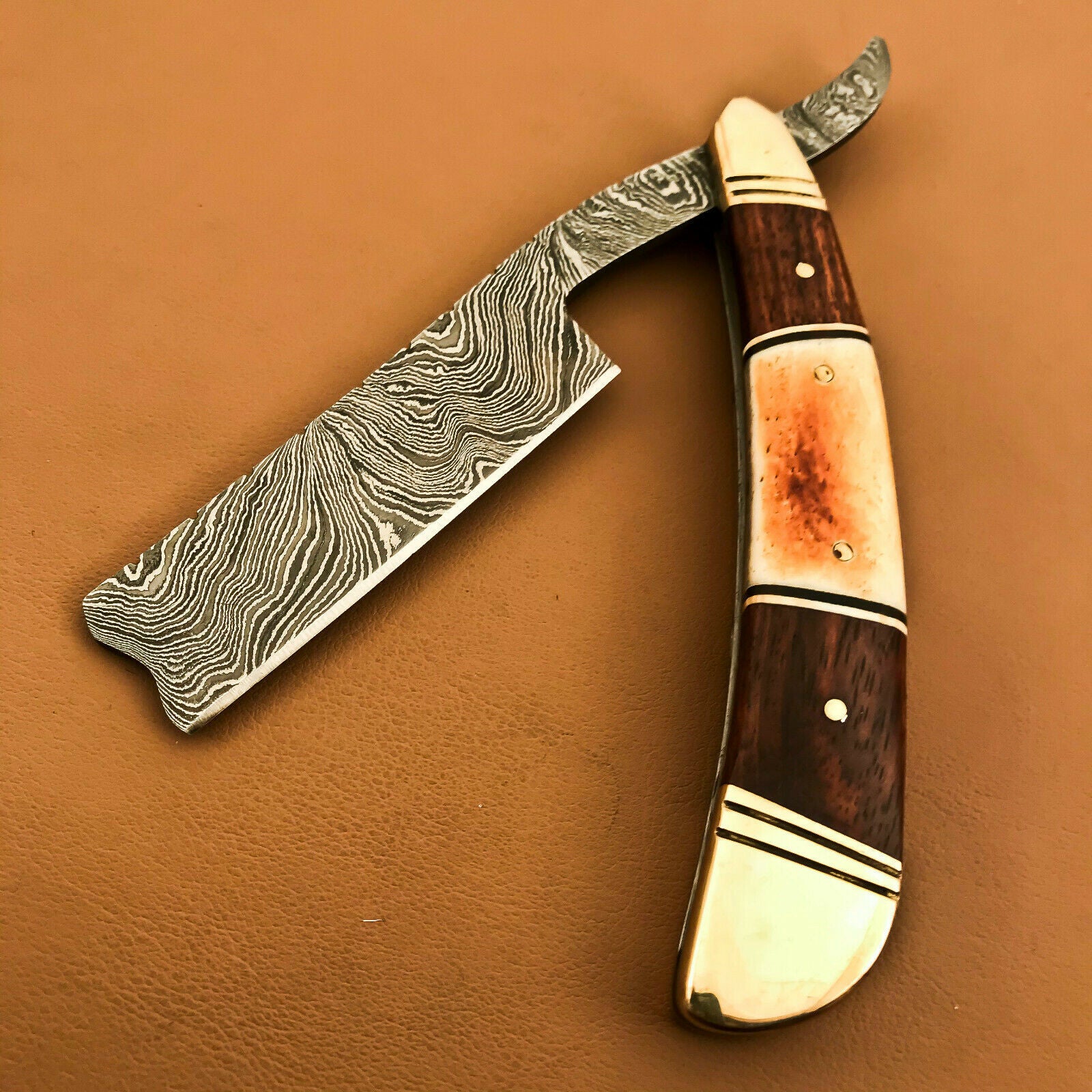Superb Custom Damascus Steel Folding Handmade Razors Natural Wood & Camel Bone - SUSA KNIVES