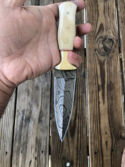HAND FORGED DAMASCUS STEEL Dagger Boot Knife W/ Camel Bone &Brass Bolster Handle - SUSA KNIVES