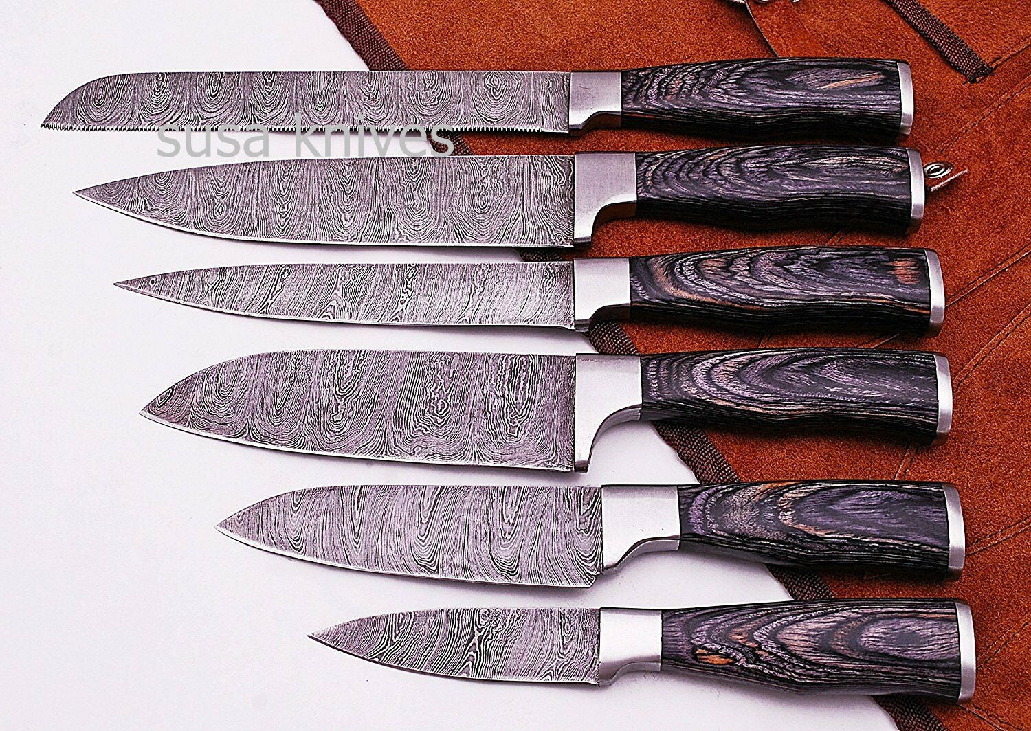 CUSTOM MADE DAMASCUS BLADE 6Pcs. CHEF/KITCHEN KNIVES SET - SUSA KNIVES