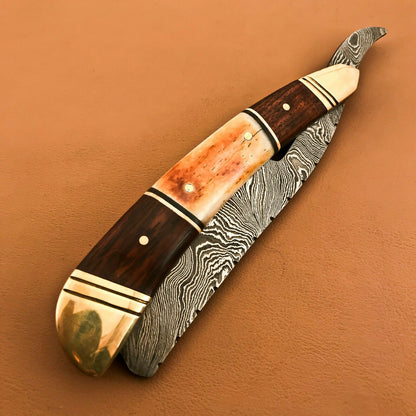 Superb Custom Damascus Steel Folding Handmade Razors Natural Wood & Camel Bone - SUSA KNIVES