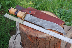 HAND FORGED DAMASCUS STEEL Hunting Bowie KNIFE+ Leather Sheath - SUSA KNIVES