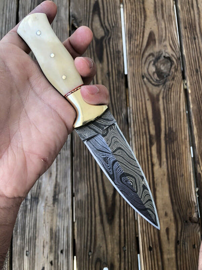 HAND FORGED DAMASCUS STEEL Dagger Boot Knife W/ Camel Bone &Brass Bolster Handle - SUSA KNIVES