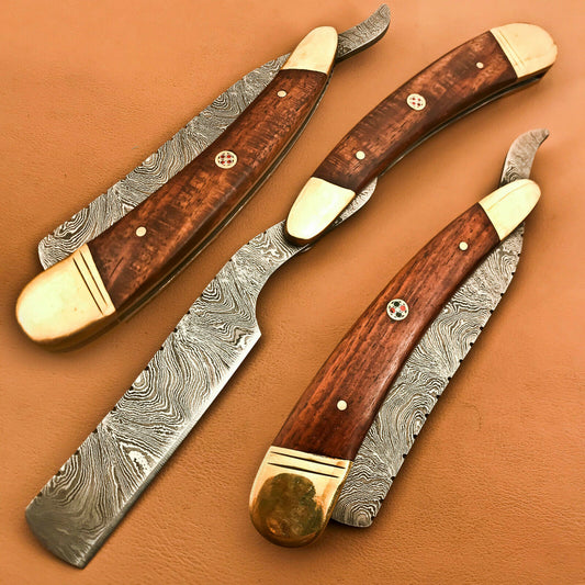 Superb Custom Damascus Steel Folding Handmade Sharp Blade Razors Natural Wood - SUSA KNIVES