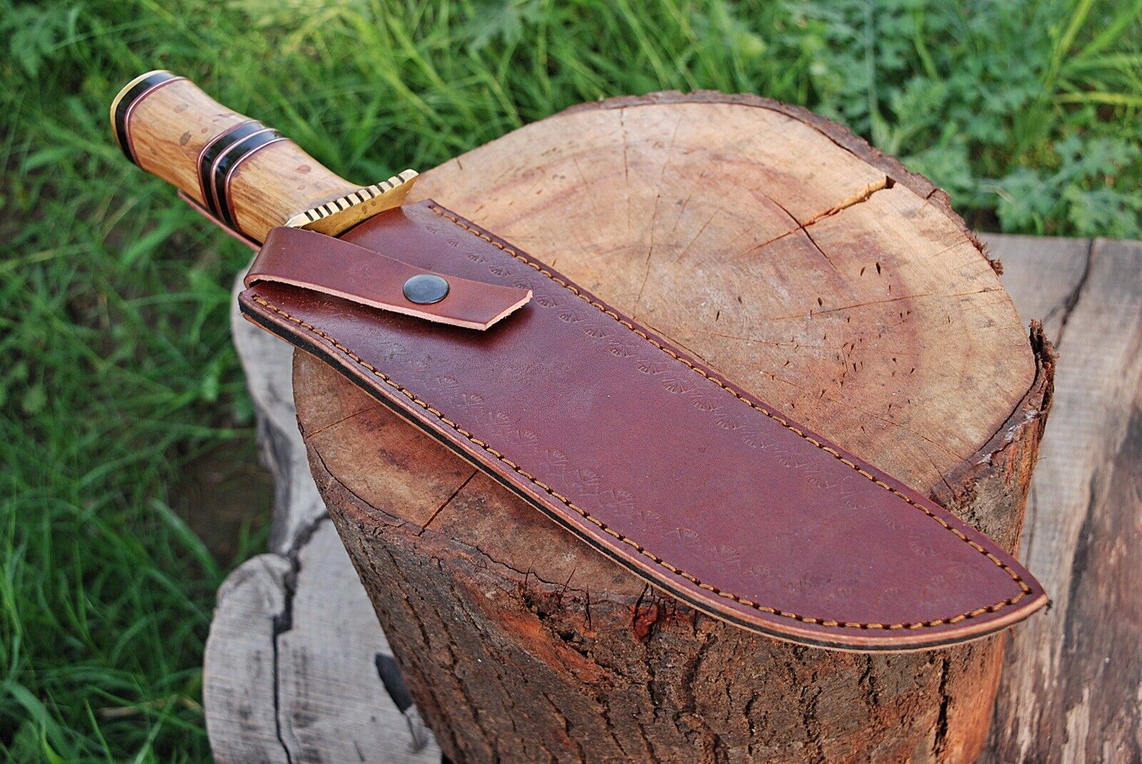 HAND FORGED DAMASCUS STEEL Hunting Bowie KNIFE+ Leather Sheath - SUSA KNIVES