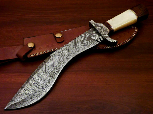 Amazing Custom Handmade Damascus Steel Kukri Knife |Sheath Camel Bone Handle - SUSA KNIVES