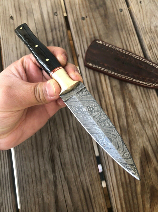 HAND FORGED DAMASCUS STEEL DAGGER BOOT Throwing Knife Horn &Brass Bolster Handle - SUSA KNIVES