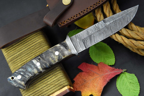 CUSTOM HANDMADE DAMASCUS STEEL RAM HORN LOVELESS STYLE CHUTE KNIFE WITH SHEATH - SUSA KNIVES