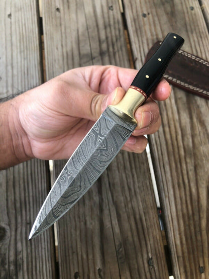 HAND FORGED DAMASCUS STEEL DAGGER BOOT Throwing Knife Horn &Brass Bolster Handle - SUSA KNIVES