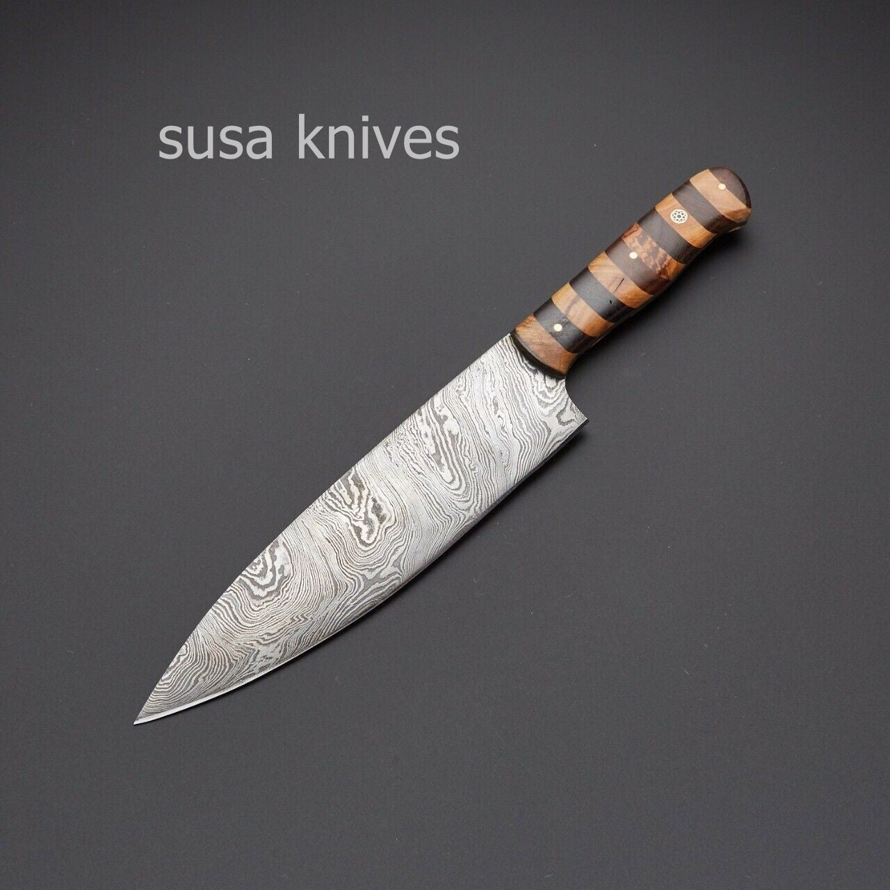 OLIVE,ROSE WOOD,CUSTOM HANDMADE DAMASCUS STEEL KITCHEN/CHEF KNIVES WITH LEATHER - SUSA KNIVES