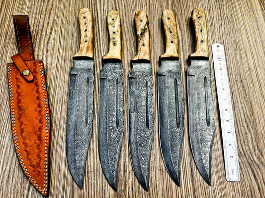 Lot of 5 Handmade Damascus Steel Bowie Knives & Sheaths | Olive Wood Handle - SUSA KNIVES
