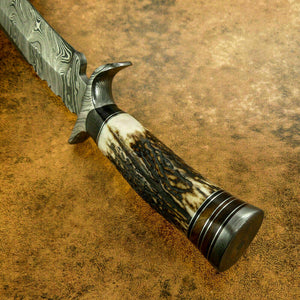 CUSTOM DAMASCUS BOWIE HUNTING KNIFE - DAMASCUS GUARD - STAG ANTLER HANDLE - SUSA KNIVES
