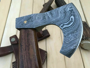 CUSTOM HAND FORGED DAMASCUS STEEL WALNUT WOOD CAMPING TOMAHAWK AXE WITH SHEATH - SUSA KNIVES