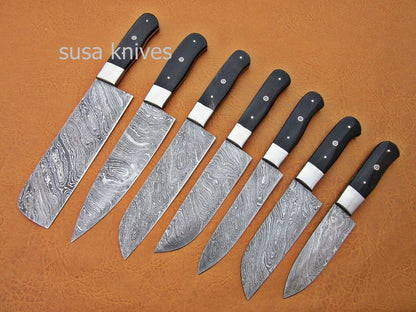 CUSTOM HANDMADE DAMASCUS STEEL CHEF SET/KITCHEN KNIVES 7 PCS ,BUFFALO HORN - SUSA KNIVES