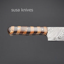 Load image into Gallery viewer, OLIVE,ROSE WOOD,CUSTOM HANDMADE DAMASCUS STEEL KITCHEN/CHEF KNIVES WITH LEATHER - SUSA KNIVES
