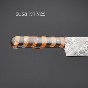 OLIVE,ROSE WOOD,CUSTOM HANDMADE DAMASCUS STEEL KITCHEN/CHEF KNIVES WITH LEATHER - SUSA KNIVES