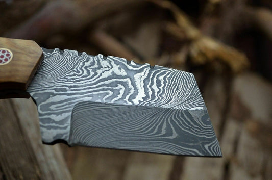 [SUSA KNIVES] CUSTOM HANDMADE DAMASCUS STEEL OLIVE WOOD MINI CLEAVER POCKET KNIFE - SUSA KNIVES