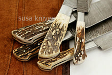 Load image into Gallery viewer, CUSTOM MADE DAMASCUS BLADE 6Pc&#39;s. KITCHEN KNIVES SET-Stag Case Roll Bag - SUSA KNIVES
